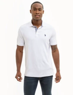 U.S. Polo Assn. SOLID INTERLOCK GINGHAM TRIM POLO SHIRT -Modern Wear Shop 11C87998 WHIT 7872