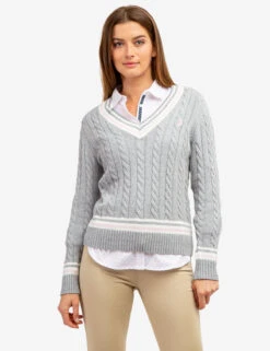U.S. Polo Assn. TIPPED CABLE V-NECK SWEATER -Modern Wear Shop 21050C1A LTGY 63778