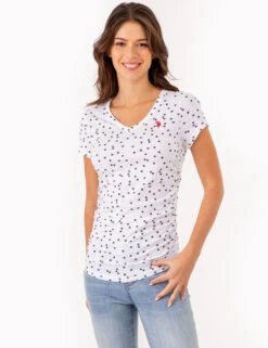 U.S. Polo Assn. STAR PRINT RUCHED SIDE V-NECK T-SHIRT -Modern Wear Shop 2158431H WHIT 80260