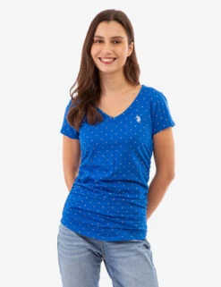 U.S. Polo Assn. DOT PRINT RUCHED SIDE V-NECK T-SHIRT -Modern Wear Shop 2158441H LAPB 83155