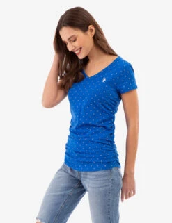 U.S. Polo Assn. DOT PRINT RUCHED SIDE V-NECK T-SHIRT -Modern Wear Shop 2158441H LAPB 83157