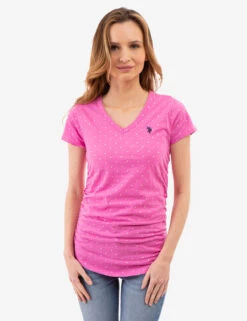 U.S. Polo Assn. DOT PRINT RUCHED SIDE V-NECK T-SHIRT -Modern Wear Shop 2158441H PKPZ 83164