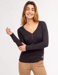 U.S. Polo Assn. LONG SLEEVE WAFFLE KNIT HENLEY TOP WITH RHINESTONE BUTTONS -Modern Wear Shop 2158759M BLCK 69166