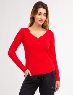 U.S. Polo Assn. LONG SLEEVE WAFFLE KNIT HENLEY TOP WITH RHINESTONE BUTTONS -Modern Wear Shop 2158759M ERED 69654