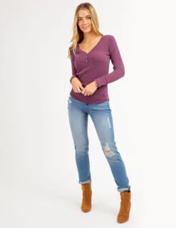 U.S. Polo Assn. LONG SLEEVE WAFFLE KNIT HENLEY TOP WITH RHINESTONE BUTTONS -Modern Wear Shop 2158759M MRHT 66729