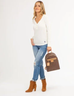 U.S. Polo Assn. LONG SLEEVE WAFFLE KNIT HENLEY TOP WITH RHINESTONE BUTTONS -Modern Wear Shop 2158759M VLPR 66740