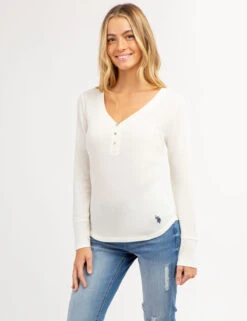 U.S. Polo Assn. LONG SLEEVE WAFFLE KNIT HENLEY TOP WITH RHINESTONE BUTTONS -Modern Wear Shop 2158759M VLPR 66743