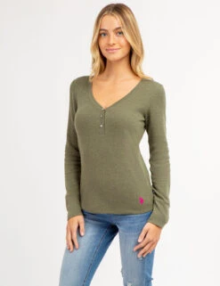 U.S. Polo Assn. LONG SLEEVE WAFFLE KNIT HENLEY TOP WITH RHINESTONE BUTTONS -Modern Wear Shop 2158759M WNHT 66707