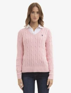 U.S. Polo Assn. V-NECK CABLE PULLOVER SWEATER 34 U.S. Polo Assn. V-NECK CABLE PULLOVER SWEATER -Modern Wear Shop PINKCABLEKNITVNECK 4026