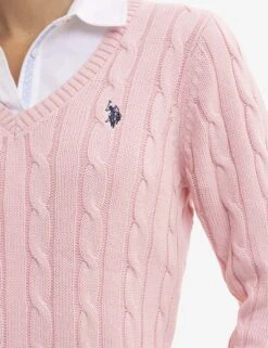 U.S. Polo Assn. V-NECK CABLE PULLOVER SWEATER 36 U.S. Polo Assn. V-NECK CABLE PULLOVER SWEATER -Modern Wear Shop PINKCABLEKNITVNECK 4032