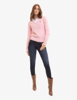 U.S. Polo Assn. V-NECK CABLE PULLOVER SWEATER 35 U.S. Polo Assn. V-NECK CABLE PULLOVER SWEATER -Modern Wear Shop PINKCABLEKNITVNECK 4049