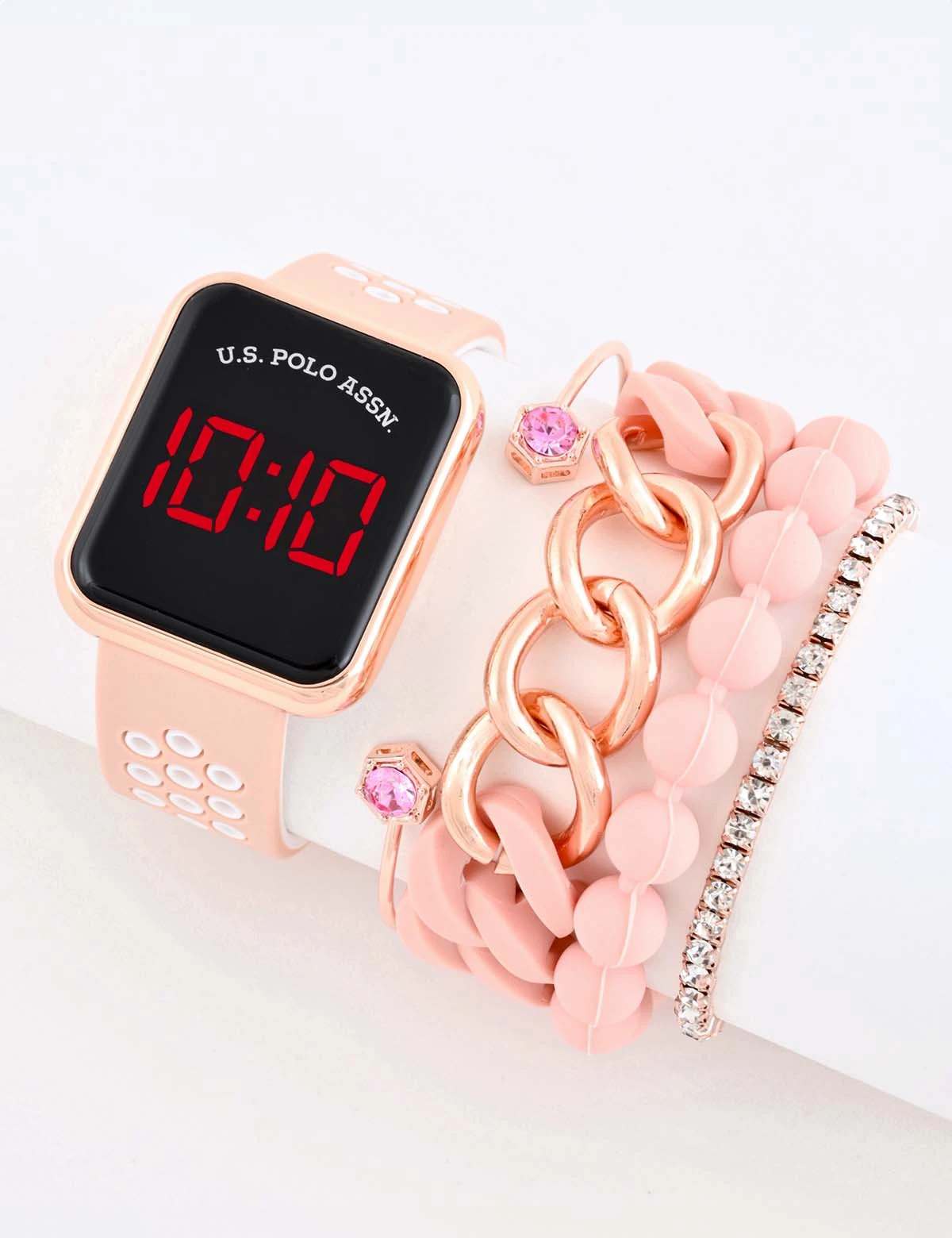 U.S. Polo Assn. LADIES LED SQUARE FACE WATCH & STACKABLE BRACELETS SET 3 U.S. Polo Assn. LADIES LED SQUARE FACE WATCH & STACKABLE BRACELETS SET