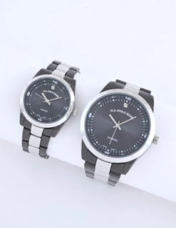 U.S. Polo Assn. HIS AND HERS SILVER LINK DIAMOND WATCH SET