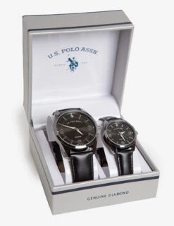 U.S. Polo Assn. HIS AND HERS BLACK STRAP DIAMOND WATCH SET