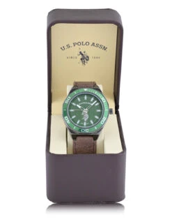 U.S. Polo Assn. MEN'S BROWN STRAP WITH GREEN DIAL ANALOG WATCH -Modern Wear Shop USC50603UO 4563